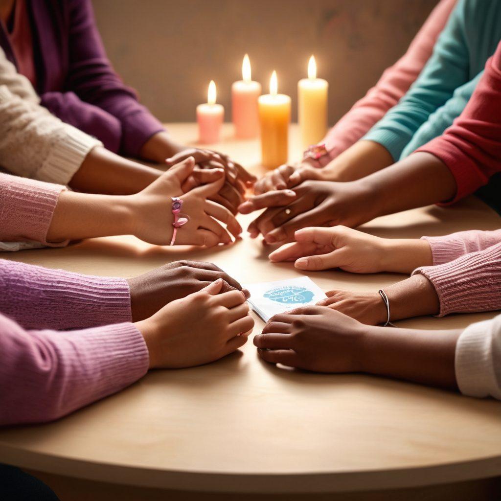 A comforting and informative scene depicting a diverse group of people engaged in a cancer education workshop. Include a round table filled with educational materials like brochures, books, and support resources, with a backdrop of soothing colors that evoke hope and resilience. Integrate symbols of unity and strength, such as hands coming together and a cancer awareness ribbon. Capture a warm and supportive atmosphere with gentle lighting. super-realistic. vibrant colors. cozy setting.